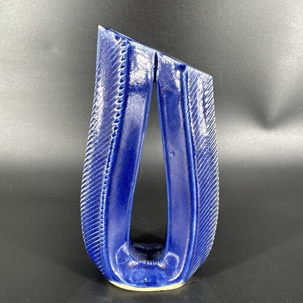 Unique Signed JB Pottery Blue Ceramic Glazed Double Bud Vase Textured Asymmetric